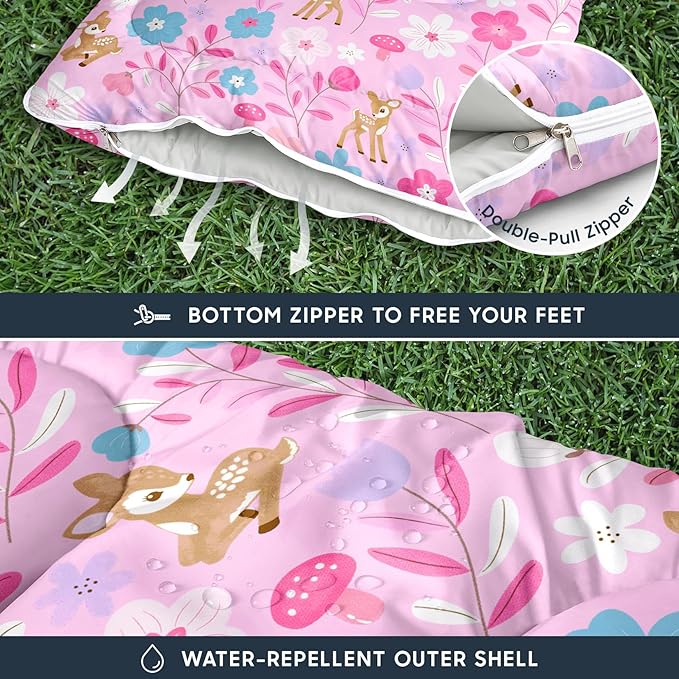 Wake In Cloud - Kids Sleeping Bag for Girls Toddlers, Camping in Warm Cold Weather, Backpacking Lightweight Compact Outdoor Liner for 3 Seasons, Deer Floral Garden