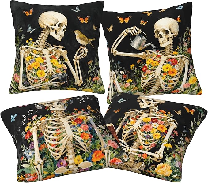 Skull Throw Pillow Covers 18 X 18 Inch Set of 4 Decorative Cushion Cover Home Decor for Sofa Chair Couch Bedroom Living Room