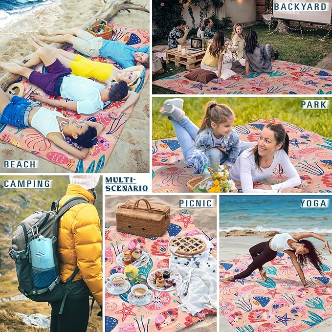 Famstar Beach Blanket Sandproof Waterproof 78''×110'' 1-7Adults Oversized,Compact Lightweight Durable Beach Mat for Travel Camping Hiking Picnic Blanket