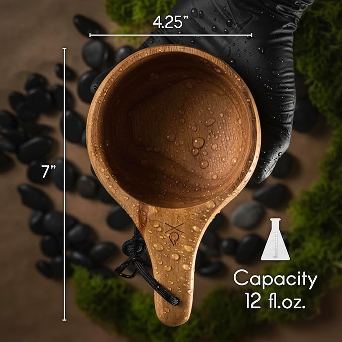 überleben | Lore Kuksa Wooden Cup – Handcarved 12oz Coffee Mug, Bowl with Lanyard & Carabiner – Lightweight Camping Essentials & Traditional Nordic Bushcraft Gear