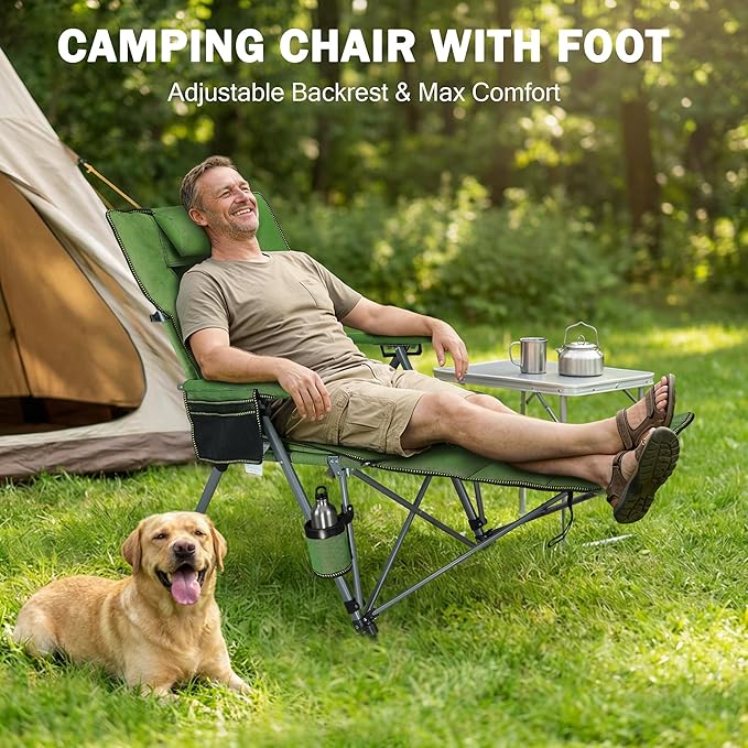 Folding Camping Chair for adults-3-in-1 Heavy Duty Foldable Camp Chair with Detachable Footstool, Padded Pillow, Cup Holder & Carry Bag,5-Speed Adjustable,400 LBS Capacity