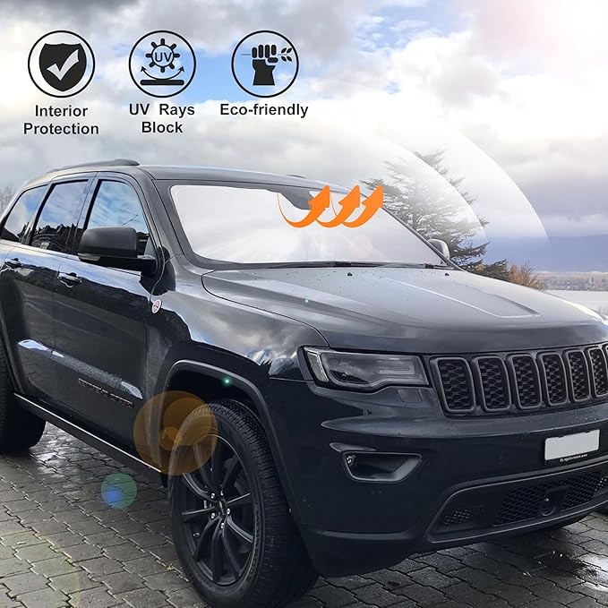 Windshield Sun Shade Fit for 2011-2024 2025 2026 Jeep Grand Cherokee Accessories (NOT for Grand Cherokee L & Jeep Cherokee) Foldable Window Sunshade