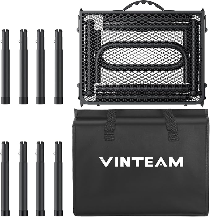 VINTEAM Folding Grill Table with Mesh Top, 3 Adjustable Heights, Lightweight Portable Camping Table, Black Aluminum Alloy BBQ Picnic Table for Outdoor Cooking, Tailgating, Beach, RV & Backyard