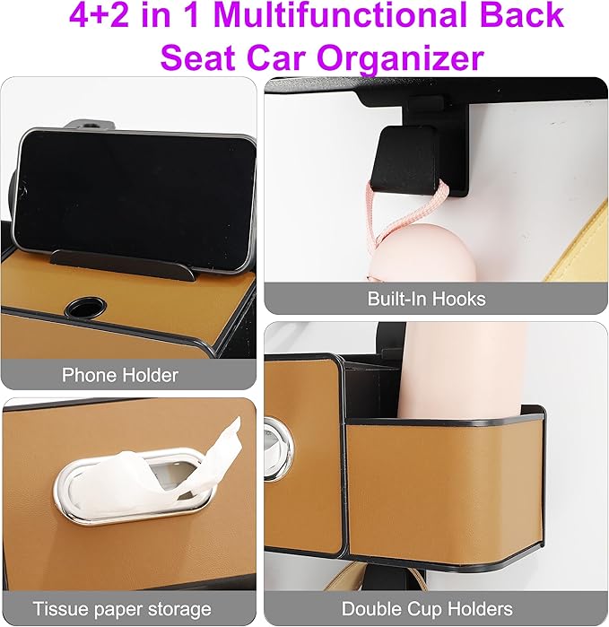 Amooca Back Seat Car Organizer, 4+2 in 1 Multifunctional Car Backseat Storage Box with 3 Cup Holders Tissue Box Hook, Car Interior Storage for Travel Phones Snacks Drinks(Brown)