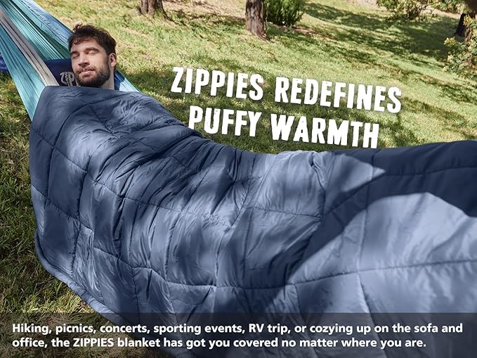 ZIPPIES 3M Thinsulate Insulation Puffy Camping Blanket for Cold Weather, Queen Size Warm Camping Quilt with Zipper, Waterproof Outdoor Sleeping Bag for Hammock, Cozy & Versatile Gift for Men and Women