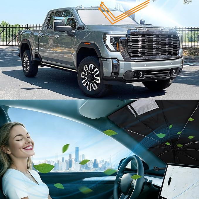 Windshield Sun Shade Custom Fit for 2019-2026 GMC Sierra 1500 2500 3500 Accessories Foldable Sunshade Sun Blocker Protect Car from Sun Rays & Heat Damage Keep Car Cooler