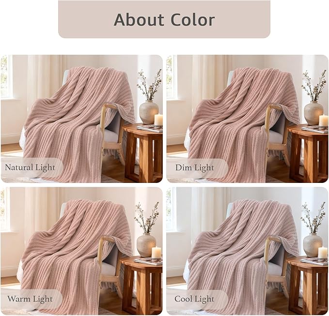 WRENSONGE Striped Throw Blanket, Pink Soft Cozy Fluffy Warm Hand Made Throw Blankets for Couch, Sofa, Chair, Bed, Camping, Picnic, Travel Lightweight Bed Blanket - 50"*60"