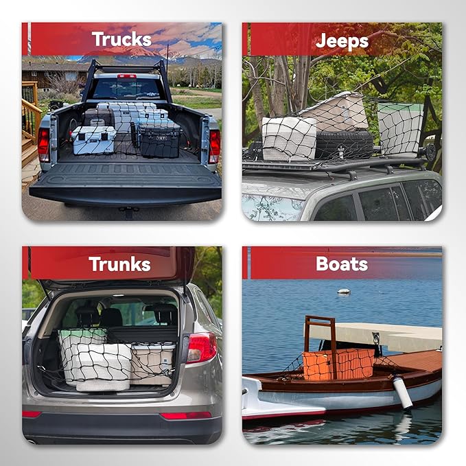 Reniteco Heavy-Duty 3'x4' Cargo Net Stretches to 6'x8' - Secures Heavy Loads with 12 Metal Carabiners, 4"x4" Mesh, Weather-Resistant & Includes Storage Bag for Trucks, SUVs, Jeeps, Trailers & Boats