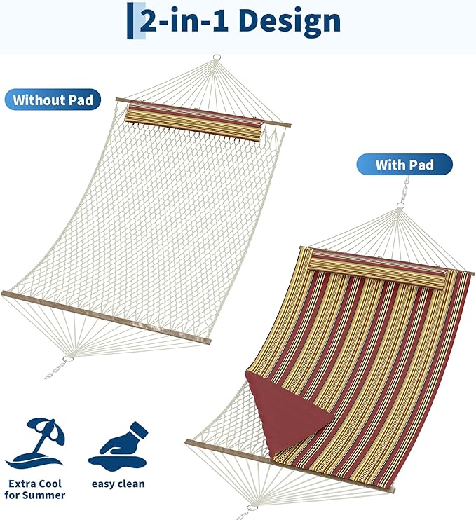2 Person 12FT Hammocks for Outside, Double Quilted Fabric Outdoor Hammock with Spreader Bar, Large Removable Pillow, Storage Pockets, Carabiners, Max 450 Lbs Capacity