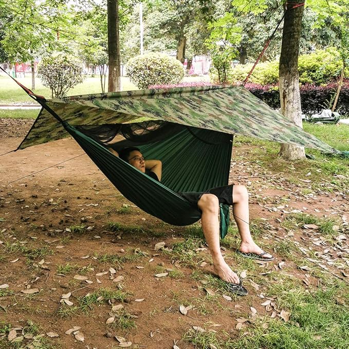 Camping Hammock, Double & Single Portable Hammock with Tree Straps, Lightweight Nylon Hammock Swing Set with Net and Rain Fly Tarp and Pocket for Backpacking Hiking Travel Outdoor(Green+Camouflage)
