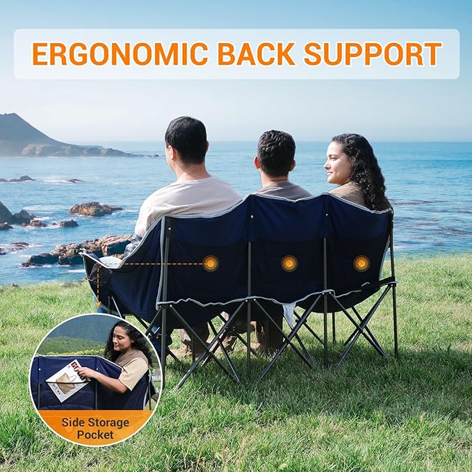 KingCamp 3 Person Camping Chair, Oversized 1100lbs Heavy Duty Loveseat for Adults Portable Folding XL 2 Person Couch Padded Comfortable Three Seat with Cup Holder for Outdoor Lawn Backyard, Green/Grey