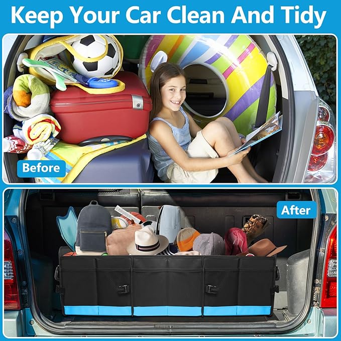 AOPHY Trunk Organizer for Car, Car Storage Organizer with 2 adjustable straps, 95L Large Capacity Cargo Organizer for Suv, Truck, Sedan, Waterproof Portable Car Organizers for Women Men(Blue)