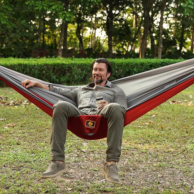 Camping Hammock, Portable Hammocks with Mosquito Net,Lightweight Nylon Parachute Hammock with 10ft Tree Straps,Camping Gear Must Haves for Travel Hiking Backpacking Beach Patio-Red&Grey