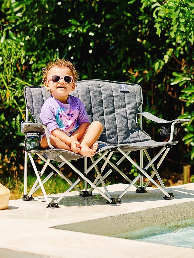 EVER ADVANCED Kids Double Camping Chair with Cupholders Safety Lock, Padded Kids Folding Chair Outdoor with Mesh Pocket, Lightweight Portable Two Person Loveseat for Beach, Supports 300lbs, Grey