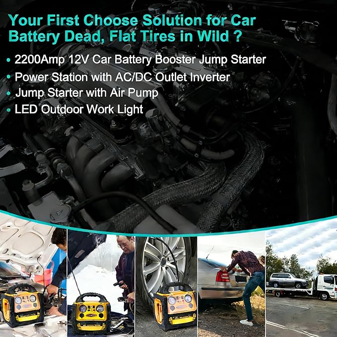 6 in 1 Jump Starter for Up to 8.5L Gas or 8.0L Diesel Engine,Upgraded 2200 Peak Amp 12V Auto Battery Car Starter with Air Compressor 150 PSI Tire Inflator,400 Watt Inverter AC/DC/USB Outlets