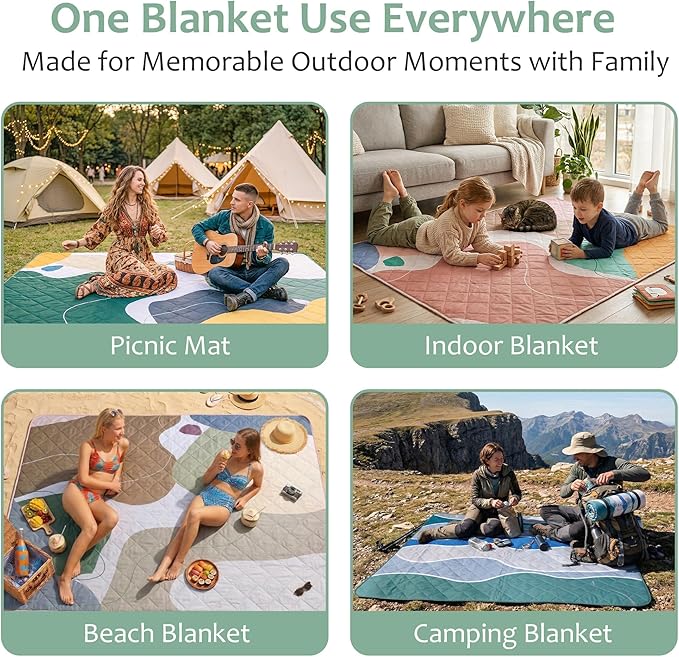 Exclusivo Mezcla Waterproof Picnic Blankets 60x80 Inch, 3 Layer Extra Large, Sandproof and Foldable Outdoor Blanket for Beach Camping, Park and Travel