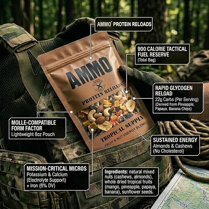 AMMO® Tropical Supply Trail Mix – High-Density Survival Food – 8oz Fruit & Nut Energy Snack mix with Pineapple, Almonds & Cashews – Tactical Emergency Rations & Hiking Fuel