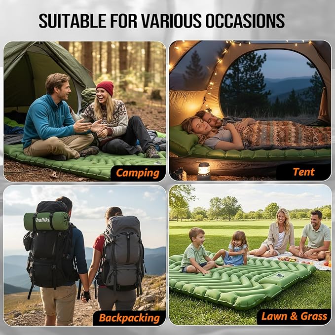 Double Sleeping Pad for Camping- 2 Person Camping Mattress with Pillow, Inflates in 60 Seconds Sleeping Pad with Pump-Electric/Foot Portable Air Pad for Backpacking, Hiking, Tent, Car Travel, Beach