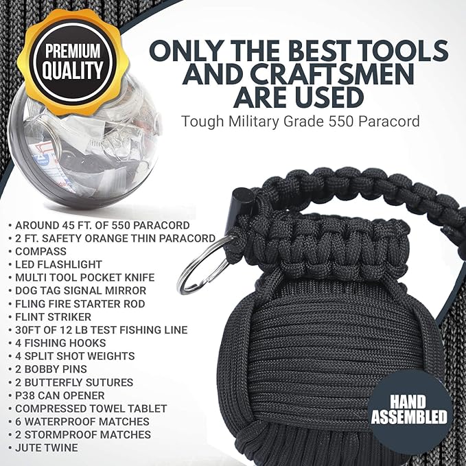 Survival Kit Paracord Grenade The #1 Best 48 Tool Emergency kit (Black)
