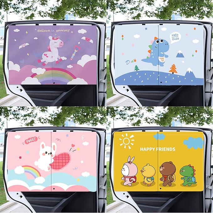 Car Sun Shade for Baby - EOHMAK Car Side Window Sun Shade Cover Upgrade Double Opening Car Interior Curtain Sun Blocker Blind (Blue Dinosaur, 2 Pack)