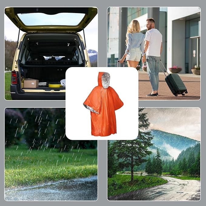 Emergency Poncho with Mylar Blanket Liner for Survival Gear, Waterproof, Wind-Resistant Green Rain Poncho for Outdoors, Camping, and Car Emergency Kits - Thermal Poncho - 4 Pack (Orange)