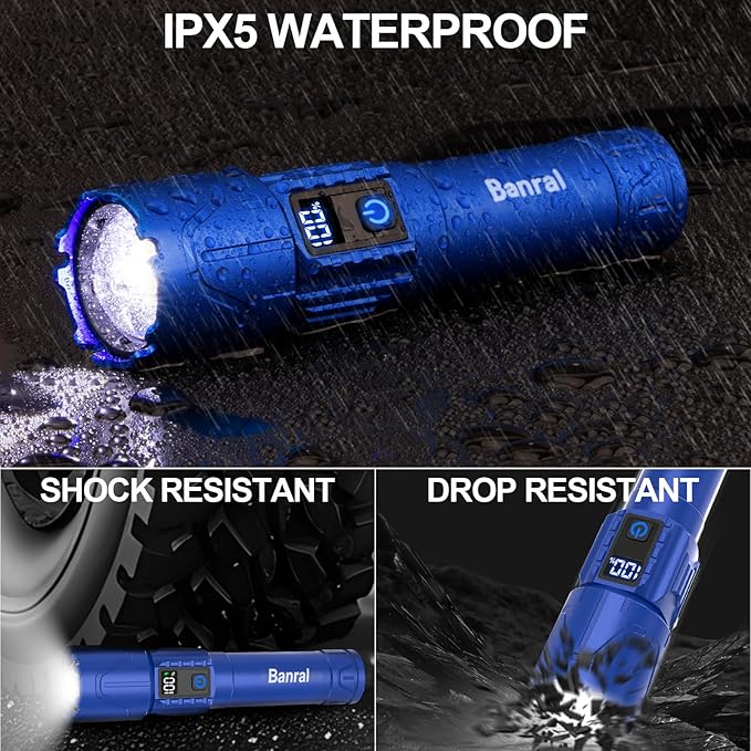 Rechargeable Tactical Flashlights 2000 High Lumens - 5000mAh Super Bright LED Powerful Flash Light, Waterproof Handheld USB C Flashlight for Home,Car,Camping,Emergencies,5 Modes,Zoomable (2, Blue)