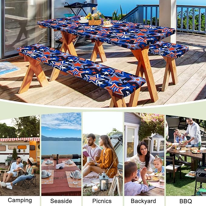 Picnic Table Cover with Bench Covers Portable Table Cloth Built-in Storage Pocket Fitted Tablecloth with Elastic Edges Waterproof Camping Essentials for Indoor Outdoor Rv,72in,Blue Red