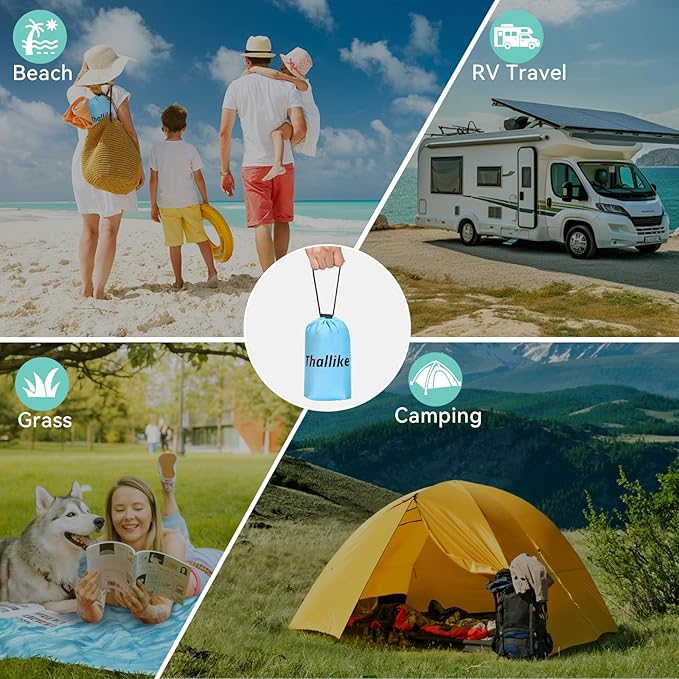 Beach Blanket, Waterproof Sandproof Beach Mat with Stakes and Inflatable Camping Pillow, 79" X 83" Quick Drying Lightweight & Durable Outdoor Picnic Mat with 4 Corner Pockets for Beach Camping