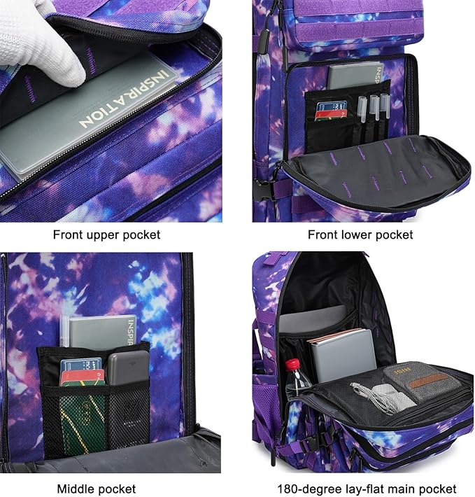 45L Military Tactical Backpack for Men & Women Bug Out Bag Assault pack Molle Daypack Hiking Trekking Rucksack (2.0 side pockets (purple tie-dye)