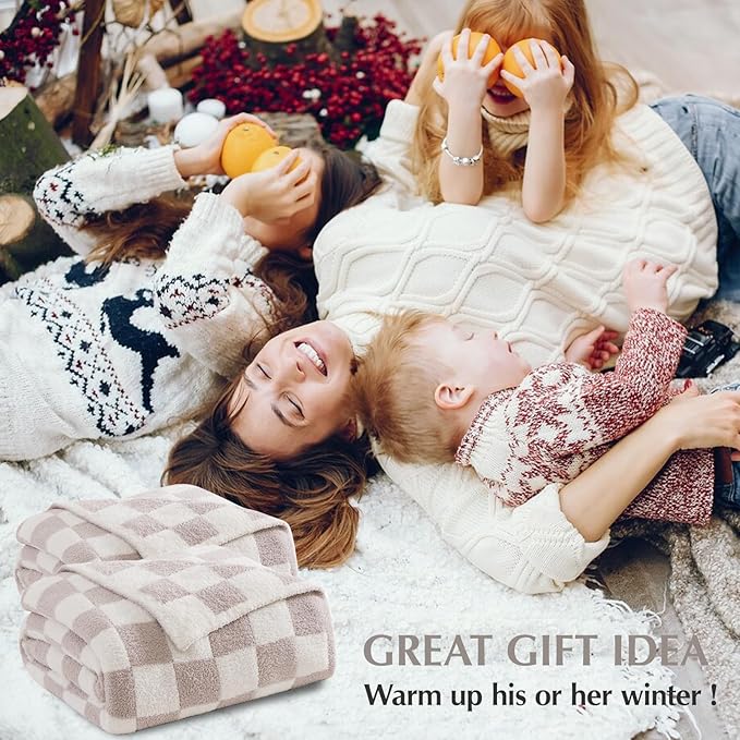 WRENSONGE Checkered Throw Blanket, Taupe Microfiber Soft Cozy Fluffy Warm Hand Made Throw Blankets for Couch, Sofa, Chair, Bed, Camping, Picnic, Travel Lightweight Bed Blanket - 50"*70"