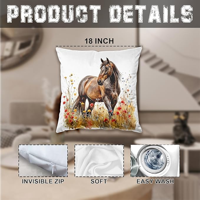 Farmhouse Horse Throw Pillow Cover 18x18, Country Wildflowers Horse Pillows Covers,Horses Gifts for Women Girl Horse Lovers,Cottagecore Animal Farm Field Decor