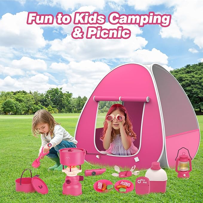 Kids Camping Set with Tent - Pop Up Tent, Kids Play Tents Outdoor Toys Camping Tools Set Gift for Girls Age 3 4 5 6 Year Old Birthday Christmas
