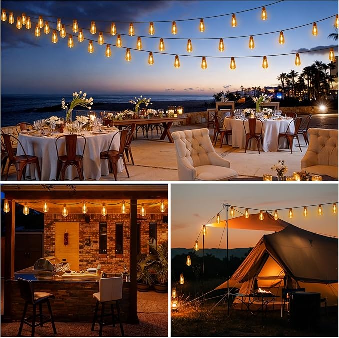 (New) Outdoor String Lights, 24FT 20 LED Hanging Bulbs Lights, IP65 Waterproof 8 Modes Plug-in Shatterproof Patio Globes Lights with Rope Hemp String for Backyard Balcony Camping Bistro - Warmwhite