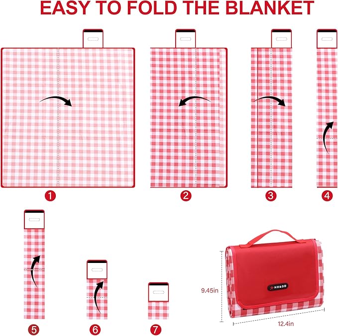 HX&OD Outdoor Picnic Blanket 80"X80" Picnic Mat Extra Large Camping Blanket Beach Blanket Foldable Waterproof Sand Mat Hiking Travel Family Concerts(Red)