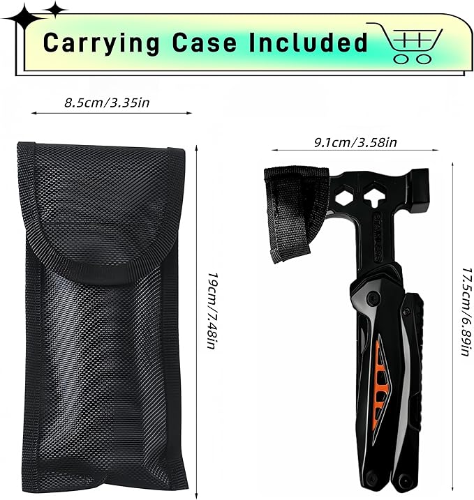 18-in-1 Multitool Hatchet Camping Axe with Hammer & Knife with Protective Sheath, Survival Gear for Men Dad, Emergency Car Tool & Hiking Accessories, Cool Gadgets for Outdoor Hiking Emergency