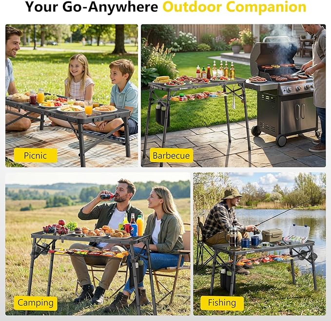 Raynesys Tri-fold Camping Table, 3 Heights Adjustable Grill Table with Storage Bag, Aluminum Frame Folding Tables, Portable Handle for Outdoor Camping Picnic Cooking BBQ, 35.43"x15.75", Black