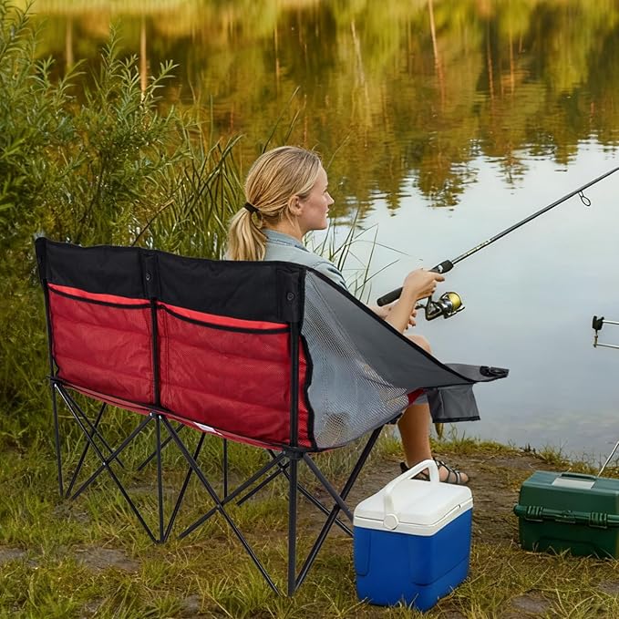 Byliable Double Camping Chair Outdoor 2-Seater Oversized 2 Person Portable Folding Lawn Chair with Cup Holders & Mesh Storage Pocket for Picnic, Camping, Beach, Sports, Hiking