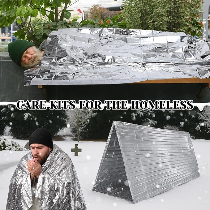 Cutecrop 120 Pcs/60 Sets Homeless Care Package Supplies Bulk Winter Beanie Hat Emergency Thermal Blankets for Charity Donation