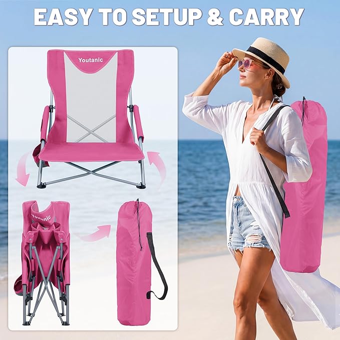 Youtanic Portable Beach Chair 2-Pack, 400 lbs Folding Camping Chair, Lightweight Low Profile Lawn Chair with Wide Seat, Cup Holder & Padded Armrests for Outdoor, Travel, Sand, Pink
