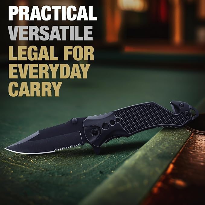 GOOD WORKER Legal Pocket Knife with 2.95” Serrated Blade, Glass Breaker, Seat Belt Cutter - EDC Sharp Folding Knives with Portable Clip - Small Tool for Tactical Camping Survival Hiking - Gifts for Men, Women