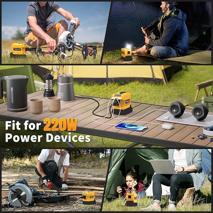 Kzreect 220W Power Inverter Compatible with DeWalt 20V/18V Batteries (Battery Not Included), DC to 110V AC Converter with 1 AC Outlet, USB-C, Dual USB-A & 400LM LED – Outdoor, Camping, Emergency Use