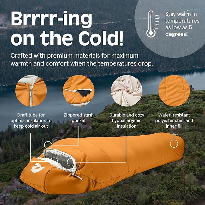 Retrospec Dream Mummy Sleeping Bag - 5, 15, & 30°F Cold Weather Camping & Travel Essential Gear with Water - Resistant Shell & Synthetic Fill - Zippered Pocket & Stuff Sack