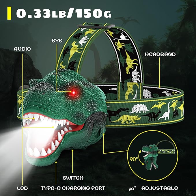 Dysaim Kids Headlamp,Rechargeable T-Rex Dinosaur Headlamp for Kids and LED Head Lamp Camping Gear Flashlight,Hiking Accessories Headlight Toys,Four Light Modes Suitable for Reading/Party Gift