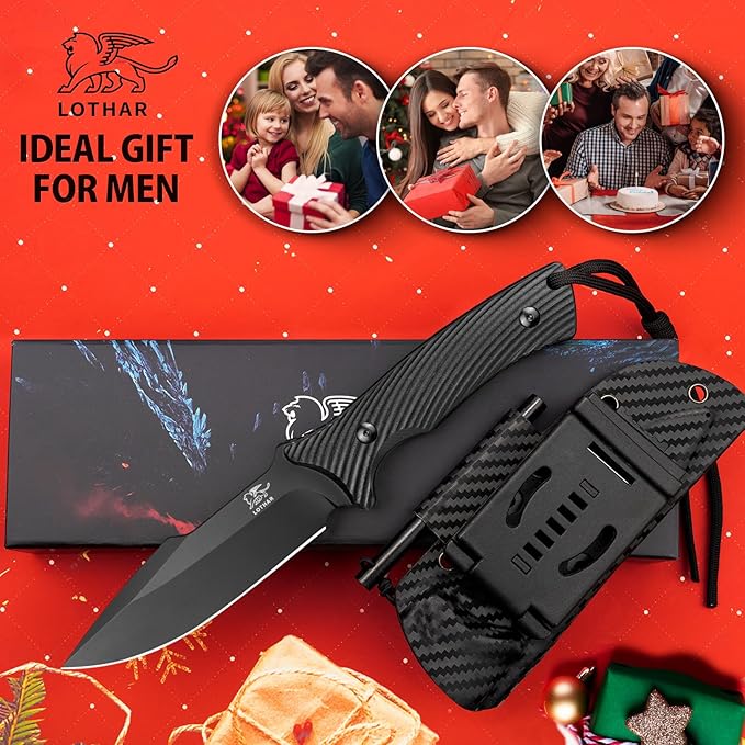 LOTHAR KA52 Fixed Blade Knife, Sharp D2 Steel Blade Survival Knives with Kydex Sheath, Hunting Knives with G10 Handle, Camping Bushcraft Knife for Outdoor, Camping Gifts For Men