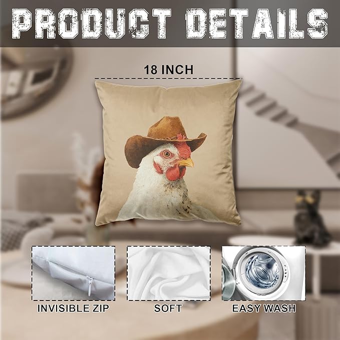 Vintage Western Chicken Pillow Covers 18x18, Chicken Lover Mom Lady Gifts, Rustic Country Southwest Farm Animal Rooster Hen Decorative Throw Pillow Covers for Home Bedroom Living Room