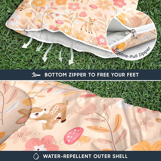 Wake In Cloud - Kids Sleeping Bag for Girls Toddlers, Camping in Warm Cold Weather, Backpacking Lightweight Compact Outdoor Liner for 3 Seasons, Deer Floral Garden