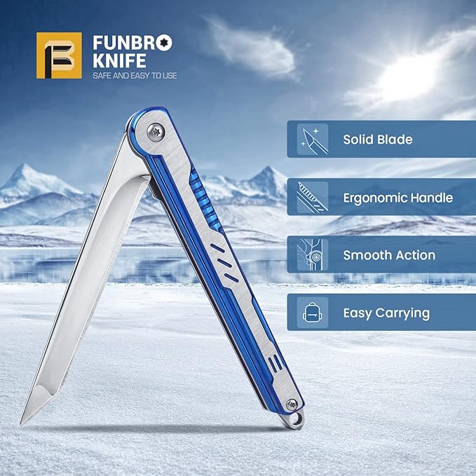 FUNBRO EDC Pocket Knife for Womens, Tanto Folding Knives with 7CR13Mov Stainless Steel Blade, Cool Survival Knife with Clip, Window Breaker, Flipper Open and Liner Lock for Outdoor Camping (Blue)