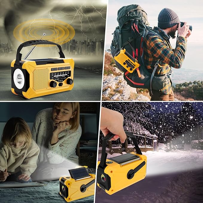 Emergency Hand Crank Radio with LED Flashlight, AM/FM NOAA Portable Weather Alert Radio, Solar Powered Radio with Phone Charger, USB Charged, Headphone Jack, SOS Alarm, Compass for Outdoors Yellow