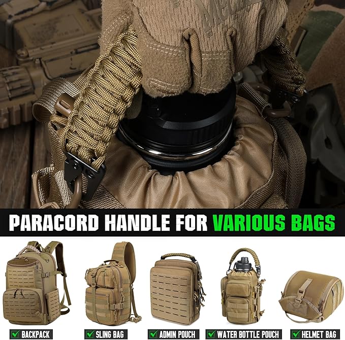 Tactical Paracord Handle,9-core Weaving Paracord Strap for Bag Strap Replacement,Molle Attachment with Metal/Plastic Clips for Backpack Sling Bags Water Bottle Holder