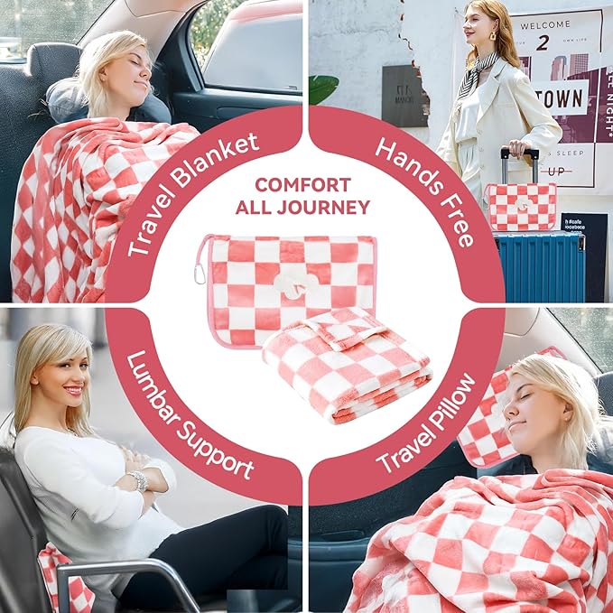 Travel Blanket and Pillow Compact, Premium Soft 2 in 1 Airplane Blanket with Soft Bag Pillowcase,Hand Luggage Sleeve and Backpack Clip (Ckeckered Pink)